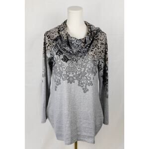 Cactus + Pearl Size M Blouse Cowl Neck Long Sleeve Gray Black